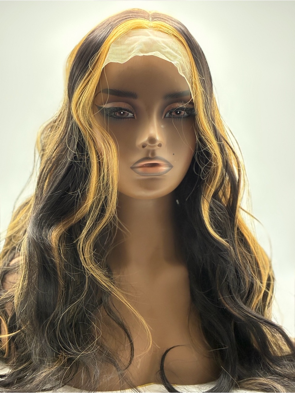 Wavy Lace Front Wig in Black with Golden Blonde Highlights.  Synthetic wig. 26”